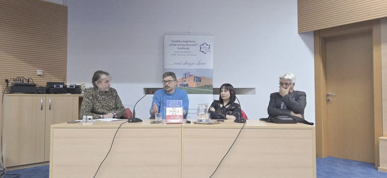 20260227 Gradska knjižnica Ivan Goran Kovačić 12 Milan Cimeša, Boris Postnikov, Ivana Rogar i Milan Lapčić