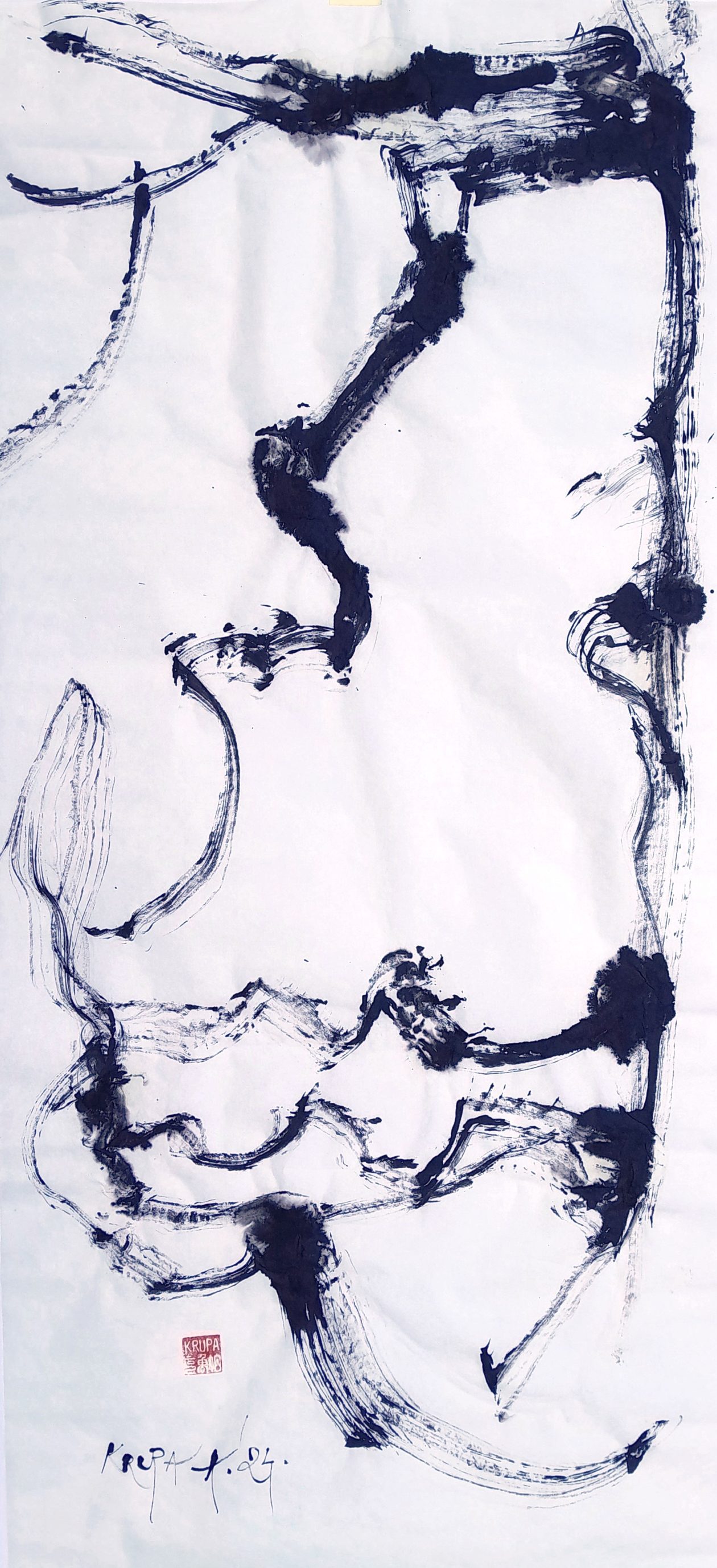 A.F.KRUPAContemporary Haboku and Hatsuboku Dry branch above the river, goose feather, and ink on the Plain Kozo paper, 99×45 cm, 2024