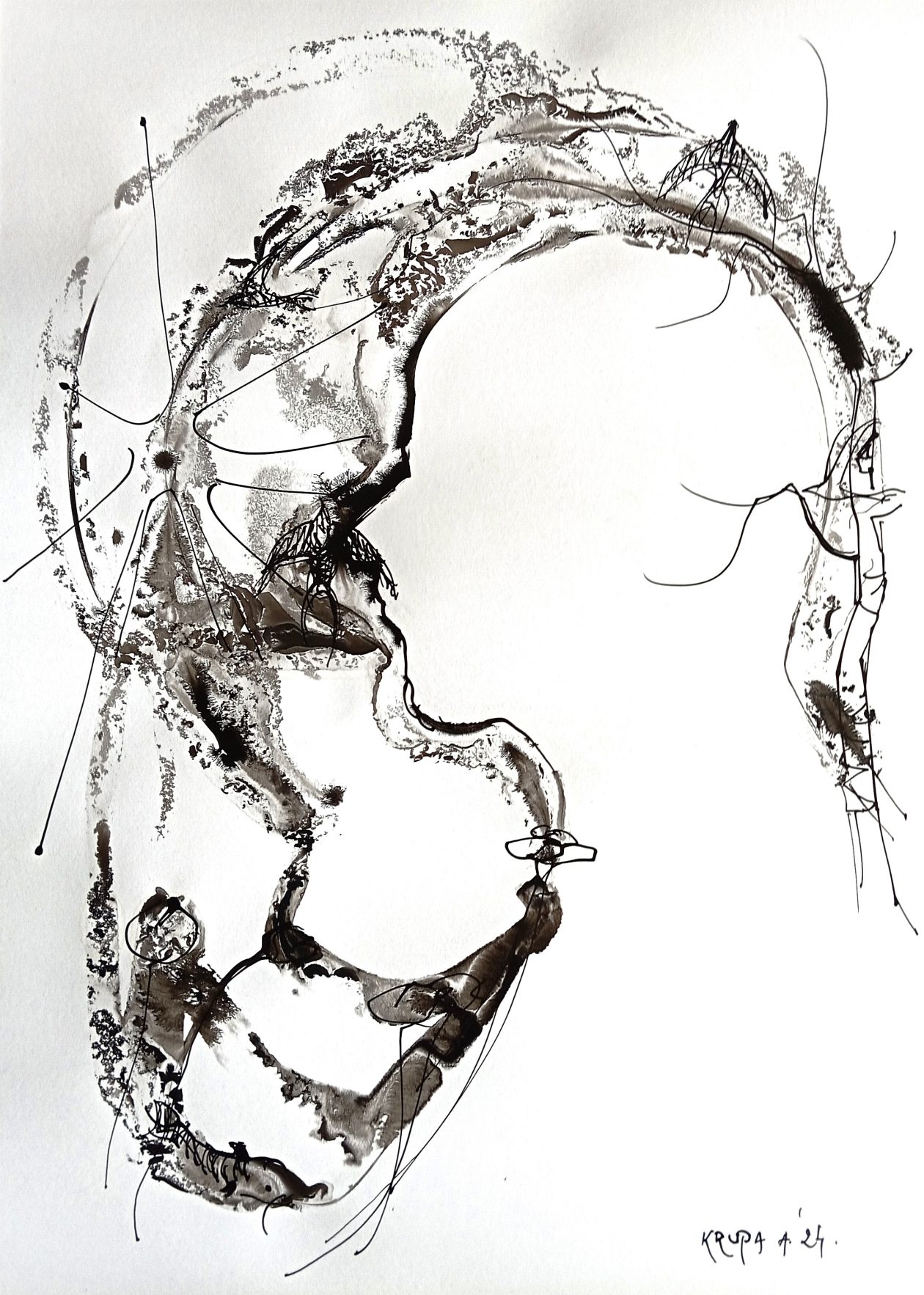 A.F.KRUPASelf-portrait No. 3, black and white ink, brush, metal pen, thin cardboard, 50×36 cm, 2024
