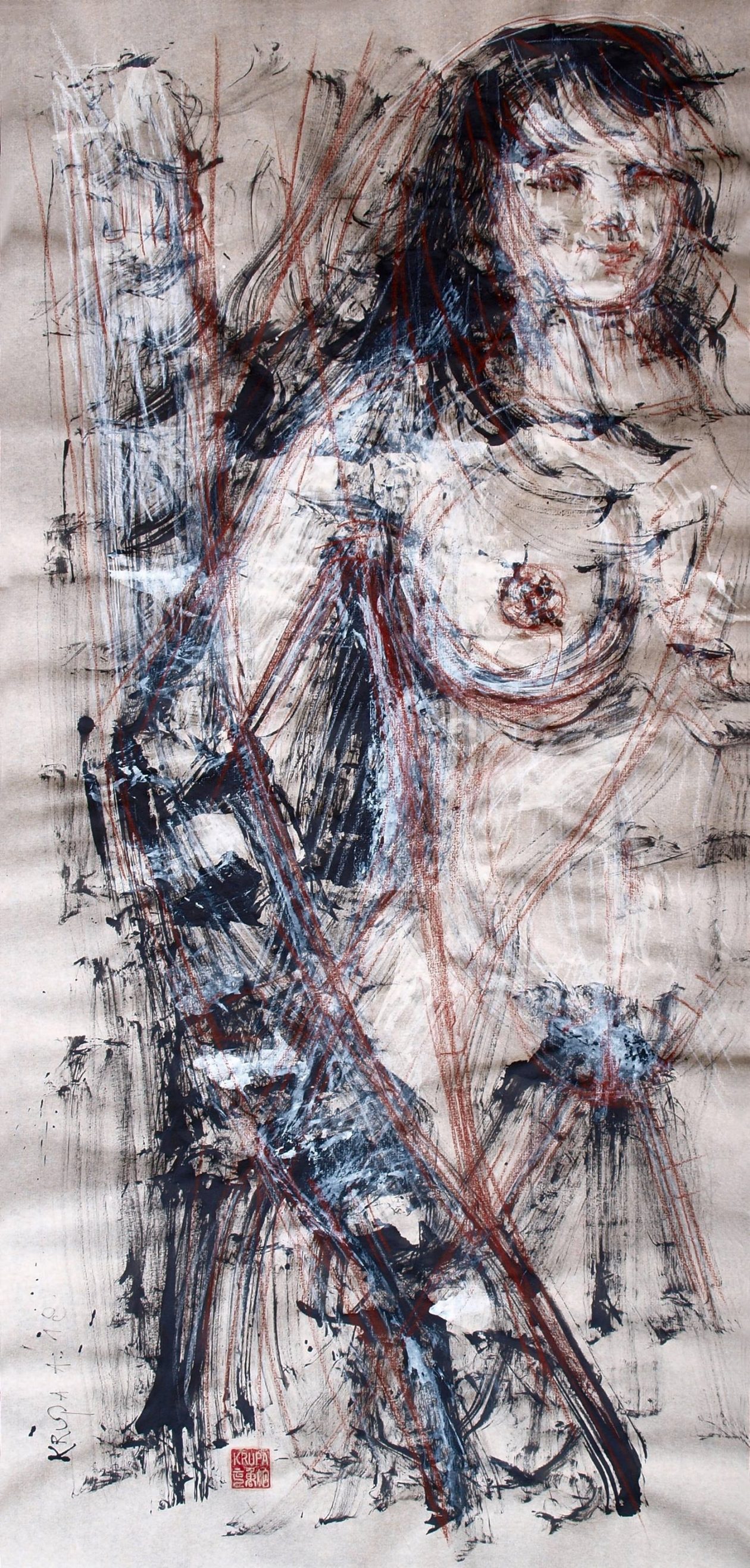 A.F.KRUPAThe Hidden Moment, combined technique on Wenzhou unbleached paper, 99×46 cm, 2018